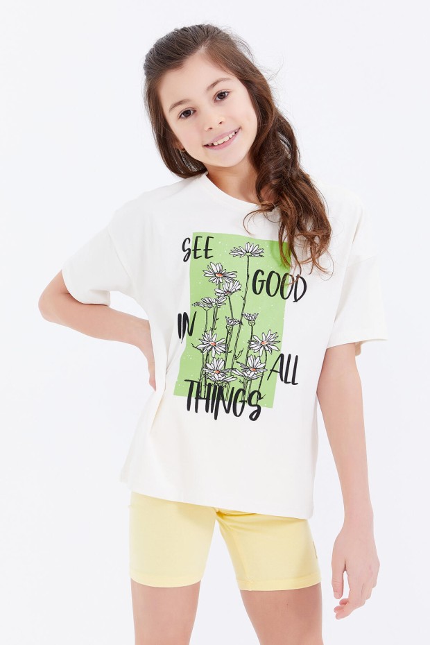 Ekru Oversize Yazı Baskılı O Yaka Düşük Omuz Kız Çocuk T-Shirt - 75032