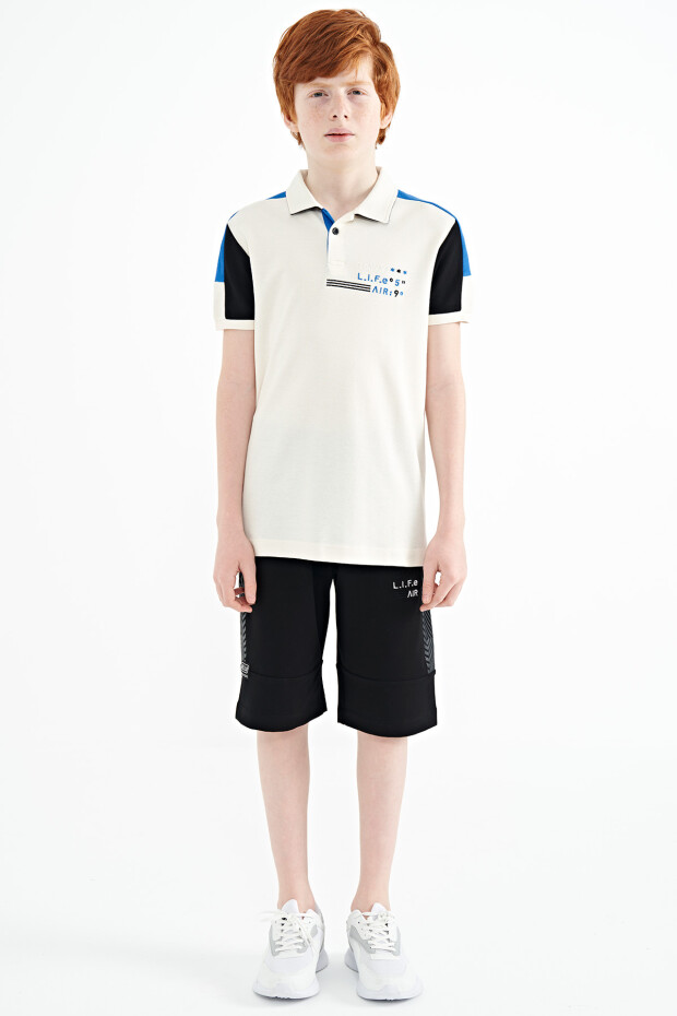 Ekru Renk Bloklu Omuz Garni Detaylı Standart Kalıp Erkek Çocuk T-Shirt - 11155