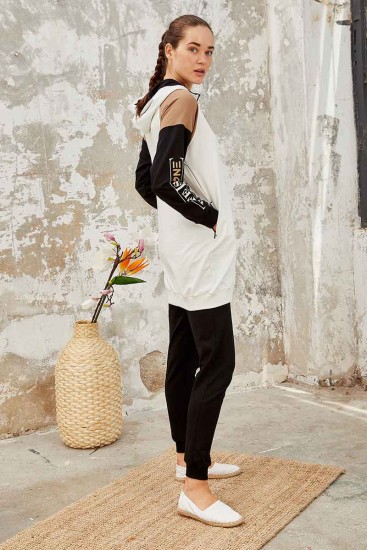 Ekru - Siyah Kapüşonlu Yarım Fermuar Rahat Form Jogger Kadın Eşofman Tunik Takım - 95250 - Thumbnail