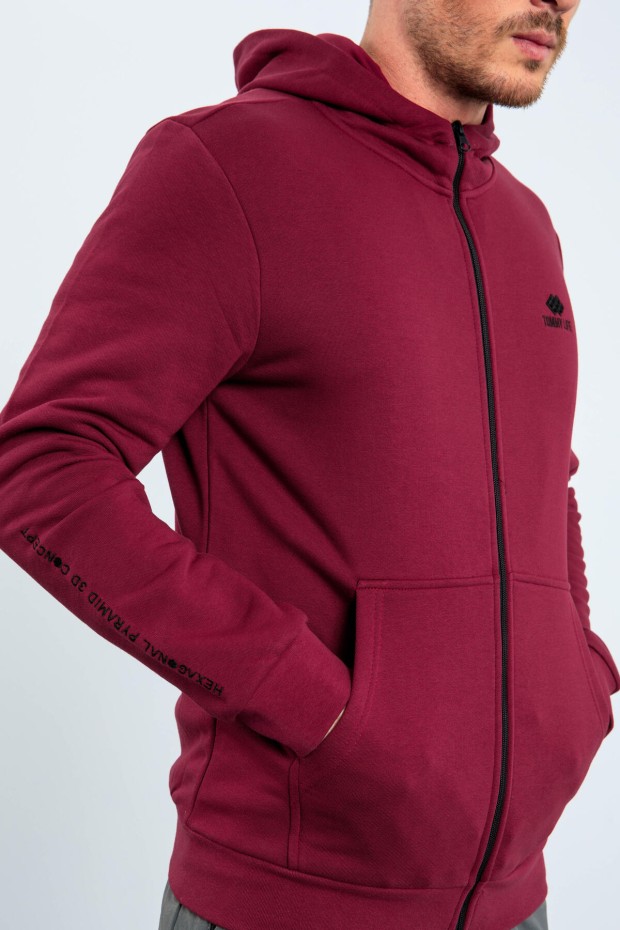 Erguvan Basic Kapüşonlu Rahat Form Nakış Detaylı Fermuarlı Erkek Sweatshirt - 88035