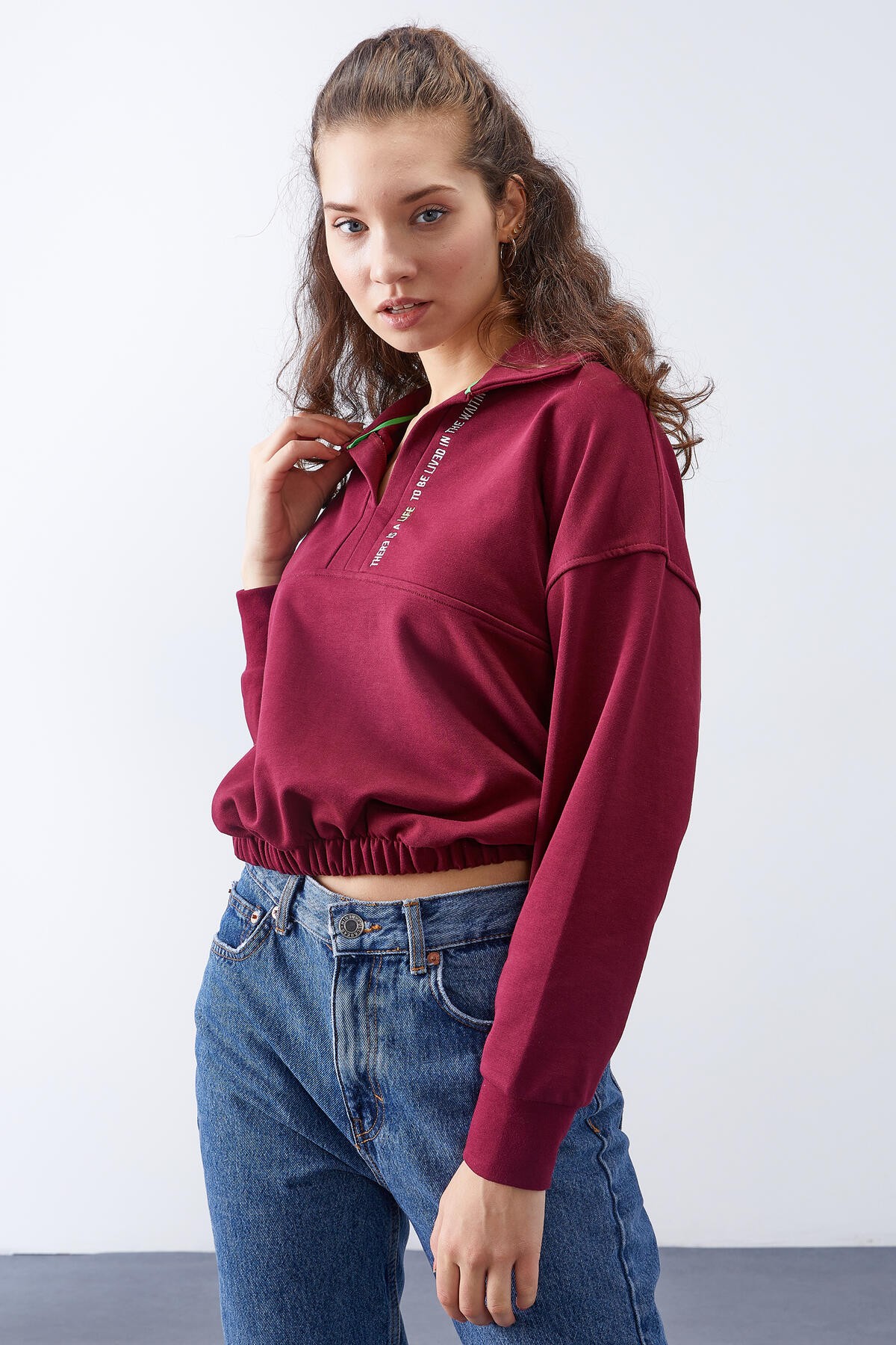 TommyLife - Erguvan Polo Yaka Etek Ucu Büzgülü Kadın Oversize Sweatshirt - 97180