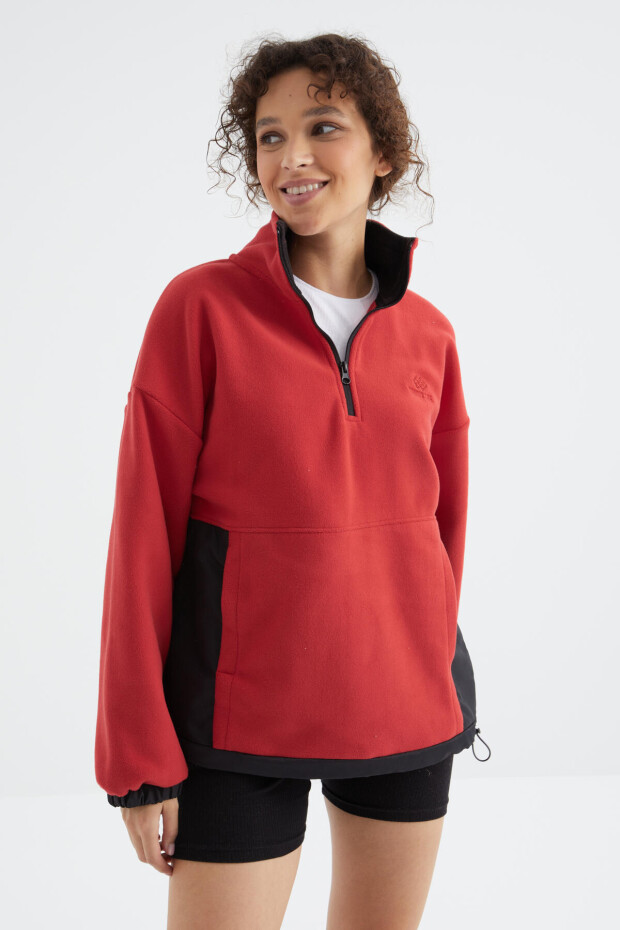 Fiesta Yarım Fermuar Etek Ucu Büzgülü Dik Yaka Oversize Kadın Polar Sweatshirt - 97236