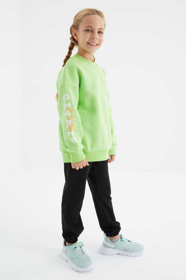 Fıstık Yeşil Baskı Detaylı O Yaka Kız Çocuk Sweatshirt - 75095