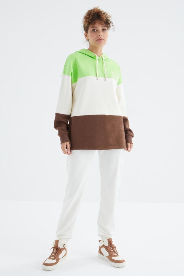 Fıstık Yeşil Renk Bloklu Nakışlı Kapüşonlu Oversize Kadın Sweatshirt - 97247