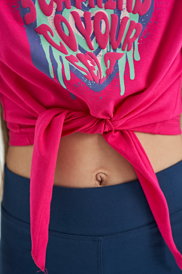 Fuşya Kalp Baskılı Ön Düğüm Detaylı Rahat Form Kız Çocuk T-Shirt - 75114