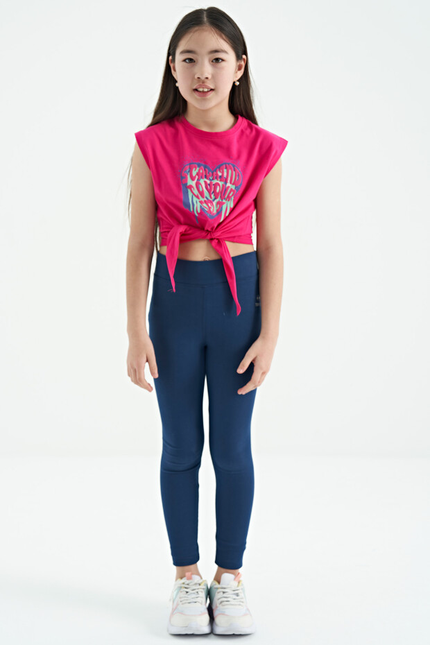 Fuşya Kalp Baskılı Ön Düğüm Detaylı Rahat Form Kız Çocuk T-Shirt - 75114