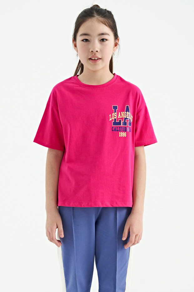 Fuşya Ön Arka Baskılı O Yaka Oversize Kısa Kollu Kız Çocuk T-Shirt - 75127