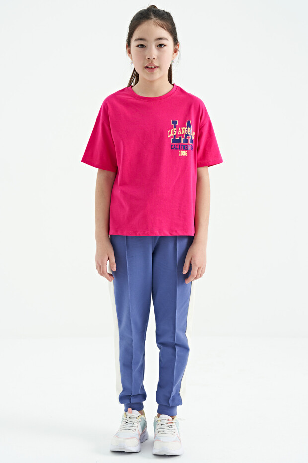 Fuşya Ön Arka Baskılı O Yaka Oversize Kısa Kollu Kız Çocuk T-Shirt - 75127