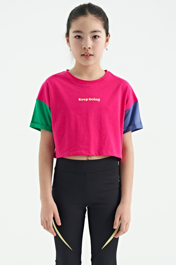 Fuşya Yazı Baskılı O Yaka Düşük Omuzlu Oversize Kız Çocuk T-Shirt - 75130