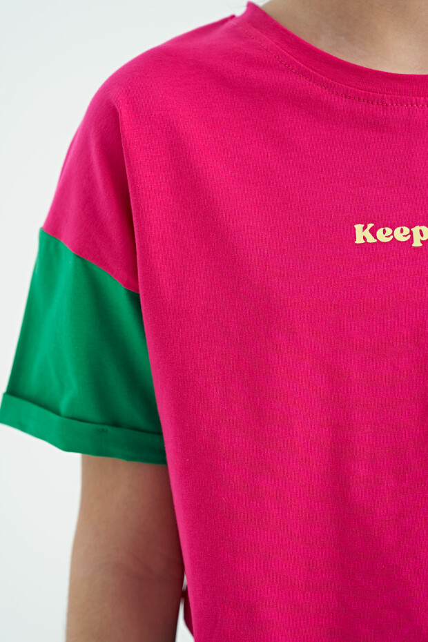 Fuşya Yazı Baskılı O Yaka Düşük Omuzlu Oversize Kız Çocuk T-Shirt - 75130