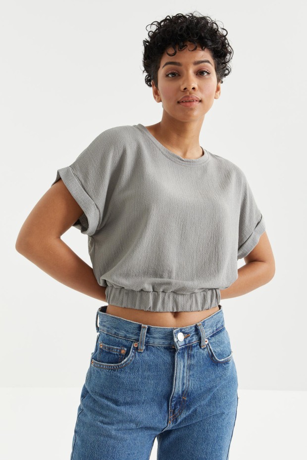 Tommy Life Gri Basic O Yaka Beli Lastikli Bürümcük Kumaş Kadın Crop Top T-Shirt - 97227. 3 Tommy Life Gri Basic O Yaka Beli Lastikli Bürümcük Kumaş Kadın Crop Top T-Shirt - 97227. 3
