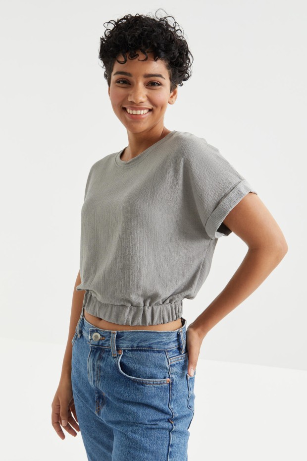 Tommy Life Gri Basic O Yaka Beli Lastikli Bürümcük Kumaş Kadın Crop Top T-Shirt - 97227. 7 Tommy Life Gri Basic O Yaka Beli Lastikli Bürümcük Kumaş Kadın Crop Top T-Shirt - 97227. 7