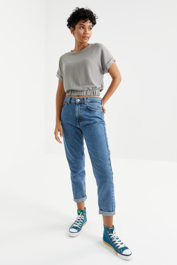 Tommy Life Gri Basic O Yaka Beli Lastikli Bürümcük Kumaş Kadın Crop Top T-Shirt - 97227. 6 Tommy Life Gri Basic O Yaka Beli Lastikli Bürümcük Kumaş Kadın Crop Top T-Shirt - 97227. 6