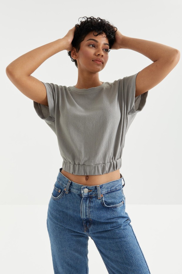Tommy Life Gri Basic O Yaka Beli Lastikli Bürümcük Kumaş Kadın Crop Top T-Shirt - 97227. 5 Tommy Life Gri Basic O Yaka Beli Lastikli Bürümcük Kumaş Kadın Crop Top T-Shirt - 97227. 5