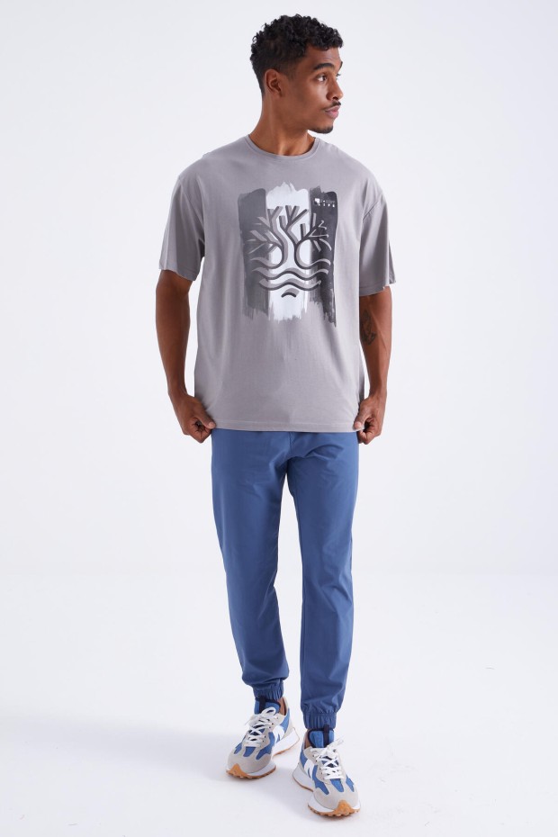 Gri Büyük Baskılı O Yaka Erkek Oversize T-Shirt - 88095
