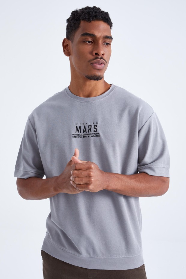 Gri Mars Yazı Nakışlı O Yaka Erkek Oversize T-Shirt - 88104