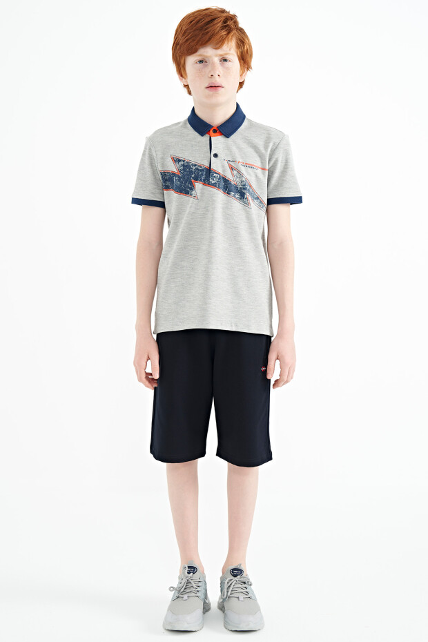 Gri Melanj Baskı Detaylı Standart Kalıp Polo Yaka Erkek Çocuk T-Shirt - 11154