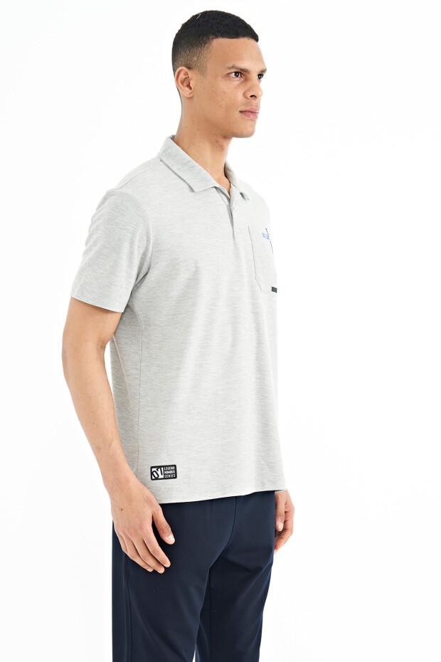 Gri Melanj Cep Detaylı Baskılı Standart Kalıp Polo Yaka Erkek T-Shirt - 88241