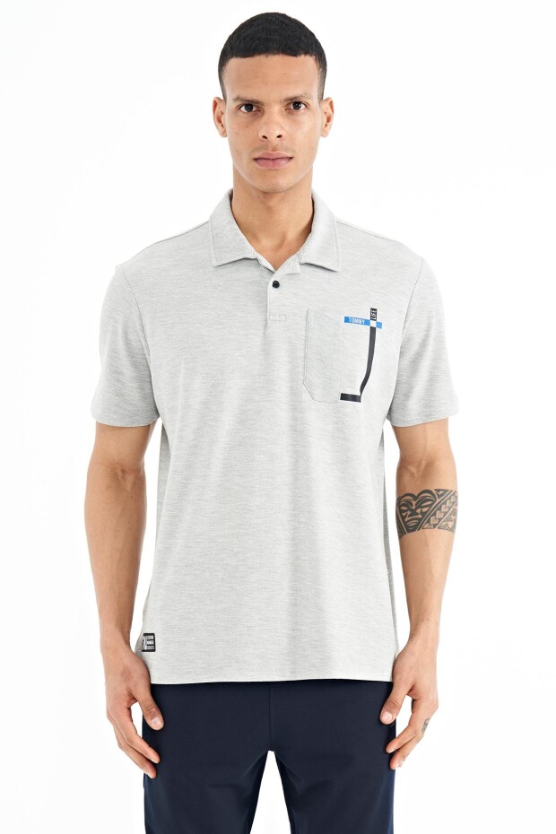 Gri Melanj Cep Detaylı Baskılı Standart Kalıp Polo Yaka Erkek T-Shirt - 88241