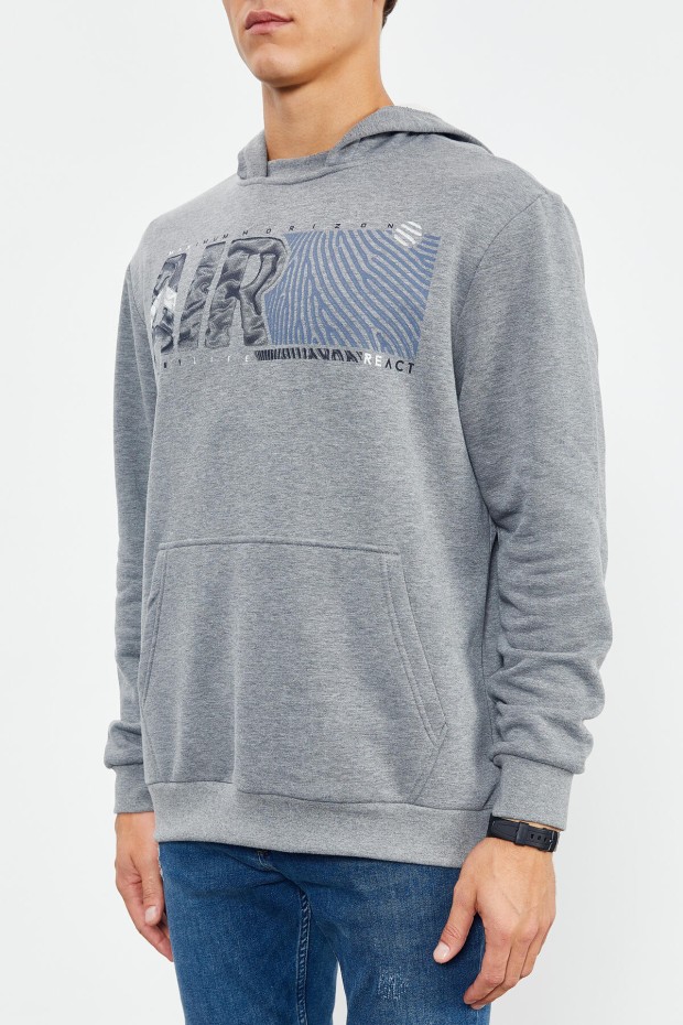 Gri Melanj Air Yazı Baskılı Kapüşonlu Rahat Form Erkek Sweatshirt - 88009