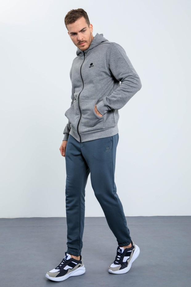 Gri Melanj Basic Kapüşonlu Rahat Form Nakış Detaylı Fermuarlı Erkek Sweatshirt - 88035 - Thumbnail