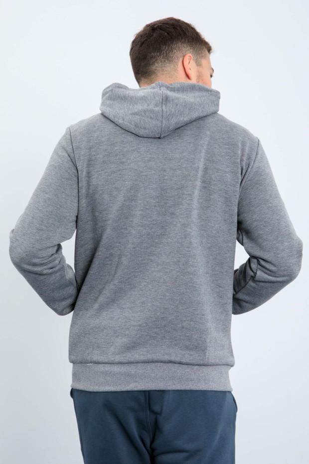 Gri Melanj Basic Kapüşonlu Rahat Form Nakış Detaylı Fermuarlı Erkek Sweatshirt - 88035 - Thumbnail