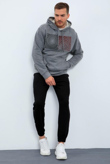 Gri Melanj Desen Baskılı Kapüşonlu Rahat Form Erkek Sweatshirt - 88030 - Thumbnail