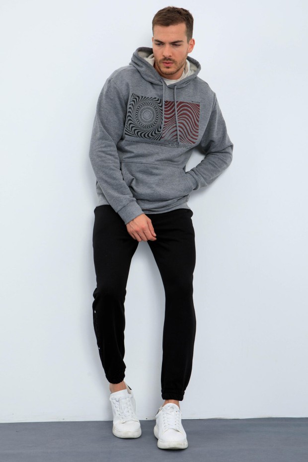Gri Melanj Desen Baskılı Kapüşonlu Rahat Form Erkek Sweatshirt - 88030