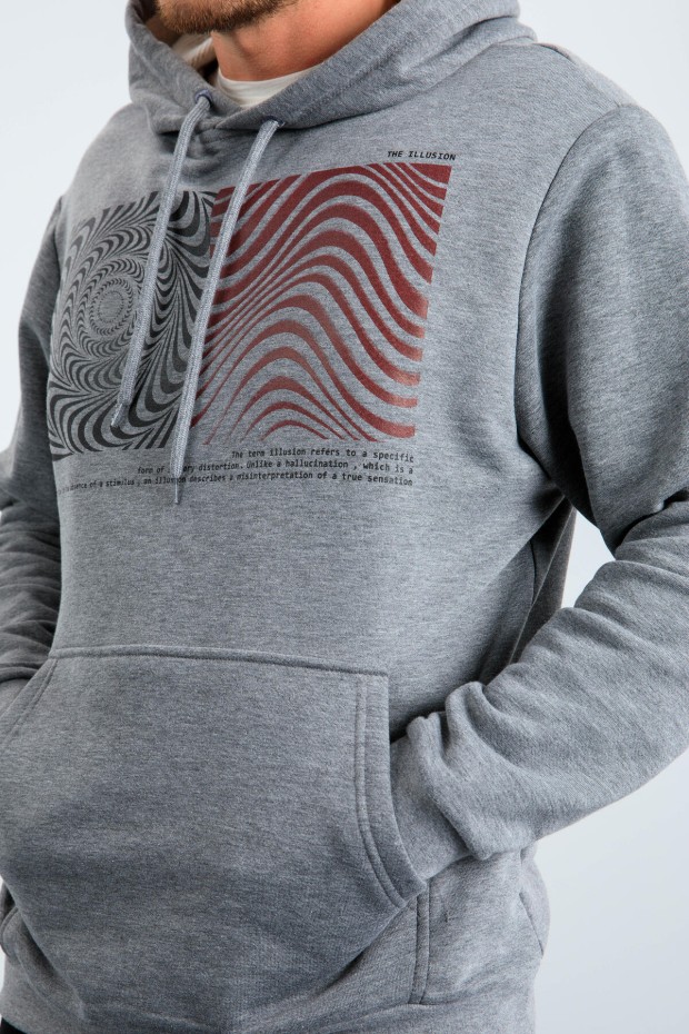 Gri Melanj Desen Baskılı Kapüşonlu Rahat Form Erkek Sweatshirt - 88030
