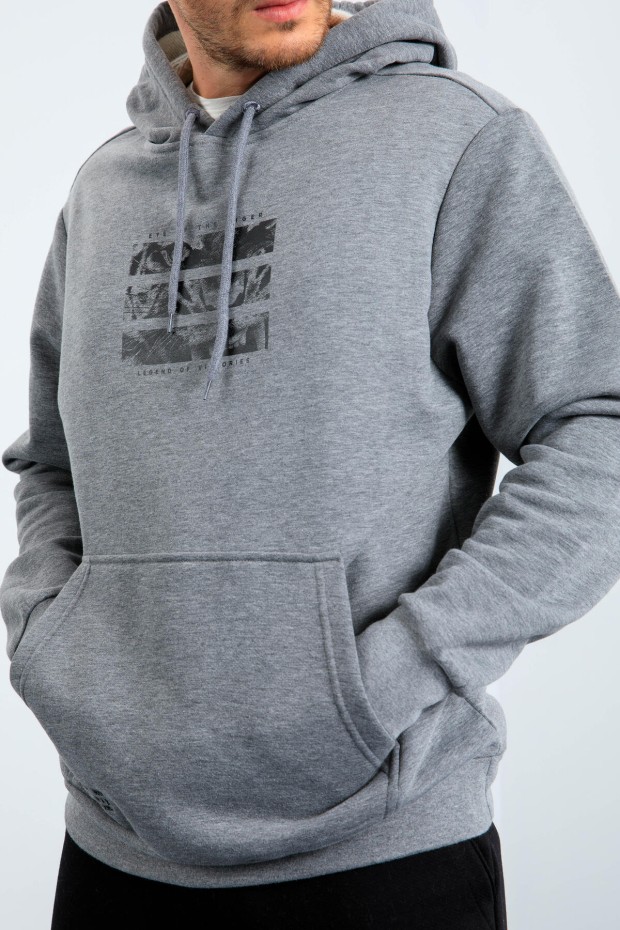 Gri Melanj Kaplan Baskılı Kapüşonlu Rahat Form Erkek Sweatshirt - 88036