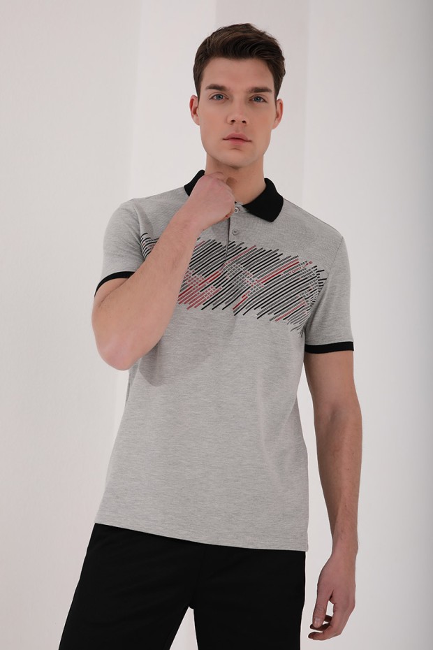 TommyLife - Gri Melanj Sayı Detaylı Çizgi Baskılı Standart Kalıp Polo Yaka Erkek T-Shirt - 87955
