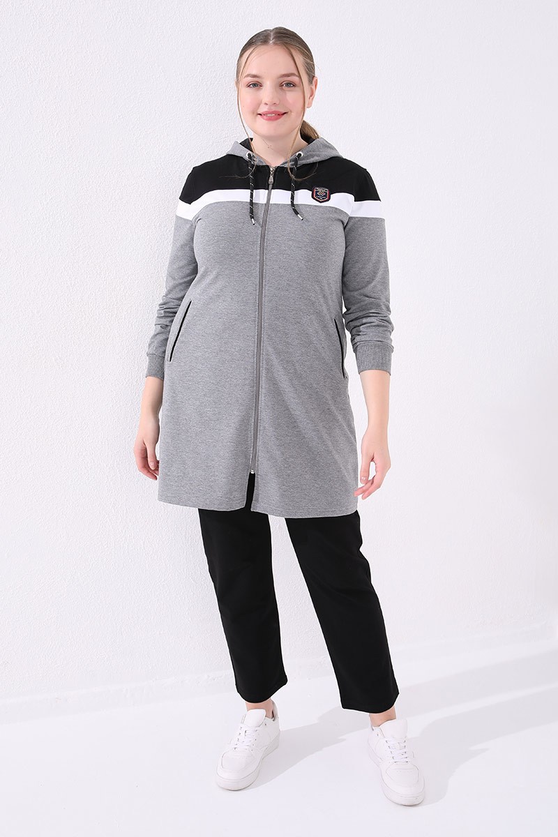 Gri Melanj Kapüşonlu Cepli Rahat Form Klasik Paça Kadın Büyük Beden Tunik Takım - 95060
