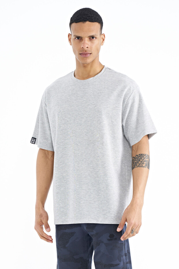 Gri Melanj Kol Arma Detaylı Basic Oversize Erkek T-Shirt - 88193