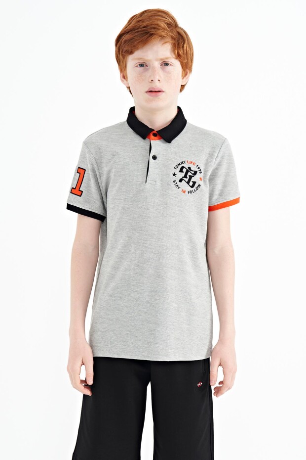Gri Melanj Kol Gögüs Nakış Detaylı Standart Kalıp Polo Yaka Erkek Çocuk T-Shirt - 11086