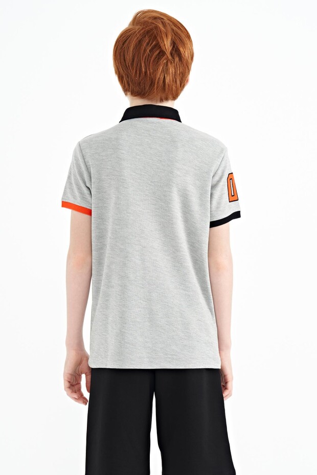 Gri Melanj Kol Gögüs Nakış Detaylı Standart Kalıp Polo Yaka Erkek Çocuk T-Shirt - 11086