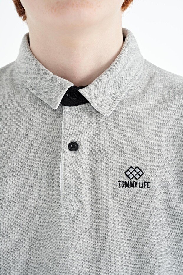 Gri Melanj Logo Nakışlı Standart Kalıp Polo Yaka Erkek Çocuk T-Shirt - 11083