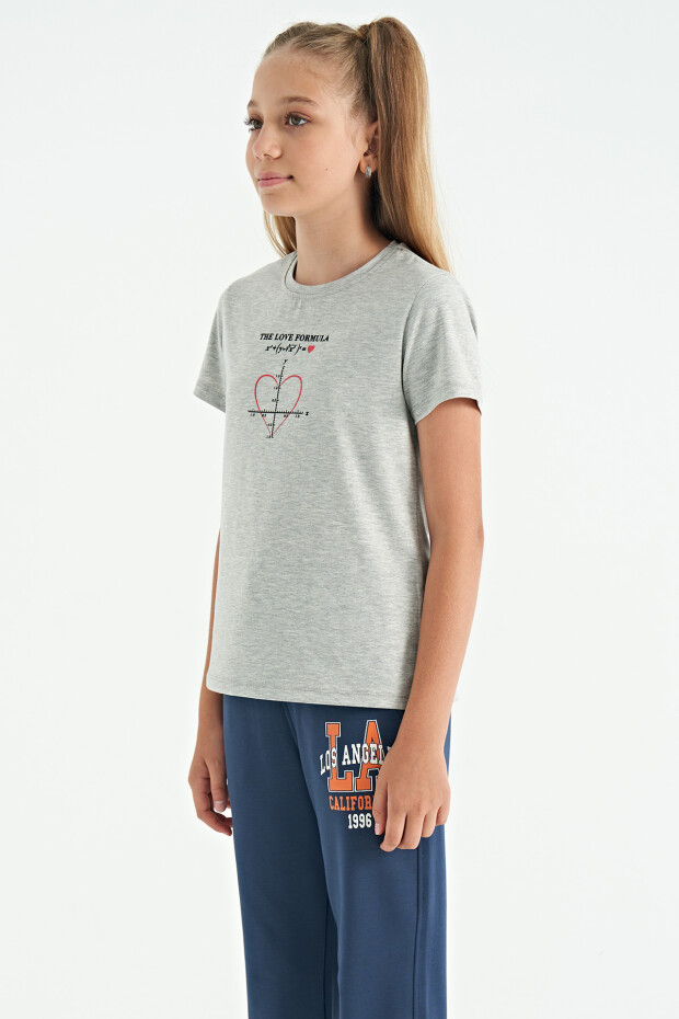 Gri Melanj O Yaka Baskı Detaylı Rahat Kalıp Kız Çocuk T-Shirt - 75129