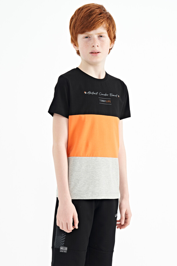 Gri Melanj Renk Bloklu O Yaka Baskı Detaylı Standart Kalıp Erkek Çocuk T-Shirt - 11135