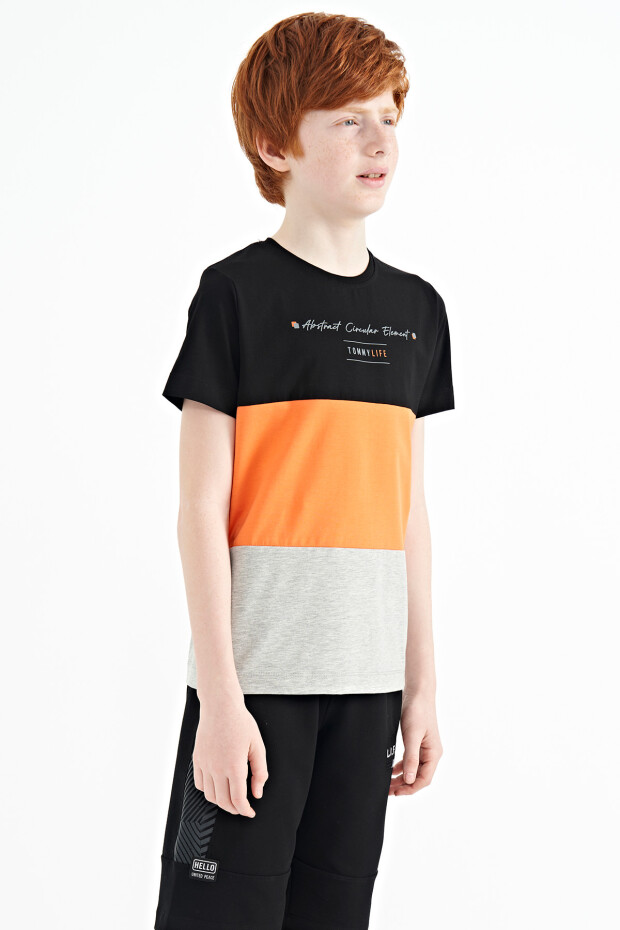 Gri Melanj Renk Bloklu O Yaka Baskı Detaylı Standart Kalıp Erkek Çocuk T-Shirt - 11135