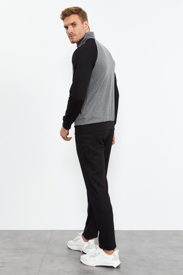 Gri Melanj - Siyah Dik Yaka Çift Renk Rahat Form Klasik Paça Erkek Eşofman Takımı - 85113