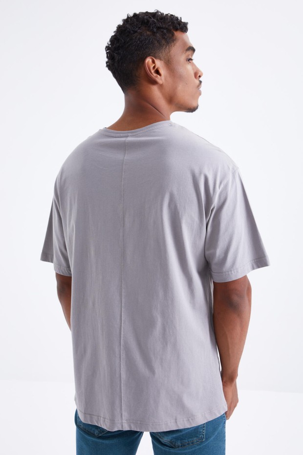 Gri Minimal Baskılı O Yaka Erkek Oversize T-Shirt - 88096