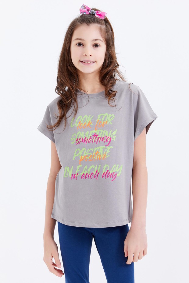 Gri Oversize Renkli Yazı Baskılı O Yaka Kız Çocuk T-Shirt - 75029