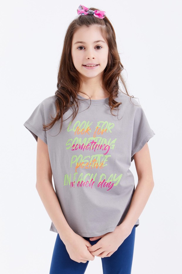 Gri Oversize Renkli Yazı Baskılı O Yaka Kız Çocuk T-Shirt - 75029