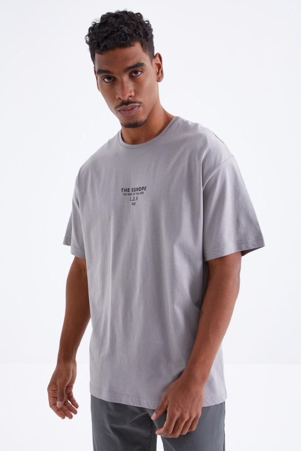 Gri Sırt Baskılı O Yaka Erkek Oversize T-shirt - 88091