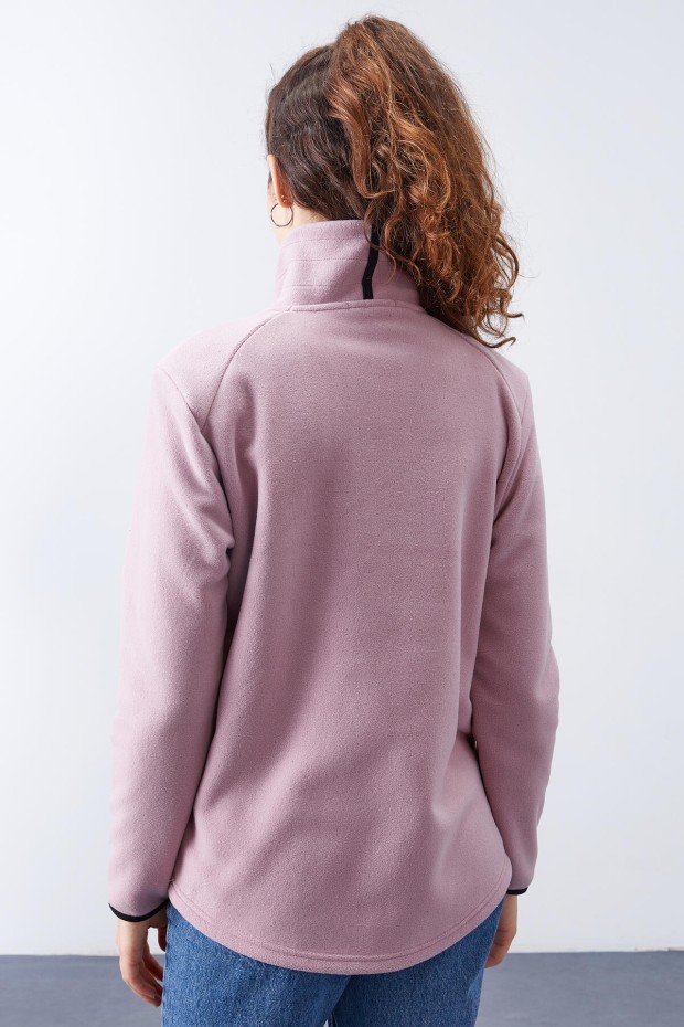 Gül Kurusu Dik Yaka Fermuarlı Rahat Form Kadın Polar Sweatshirt - 97173