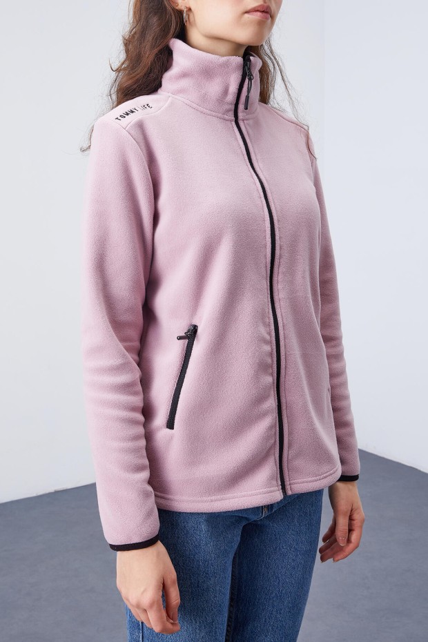 Gül Kurusu Dik Yaka Fermuarlı Rahat Form Kadın Polar Sweatshirt - 97173
