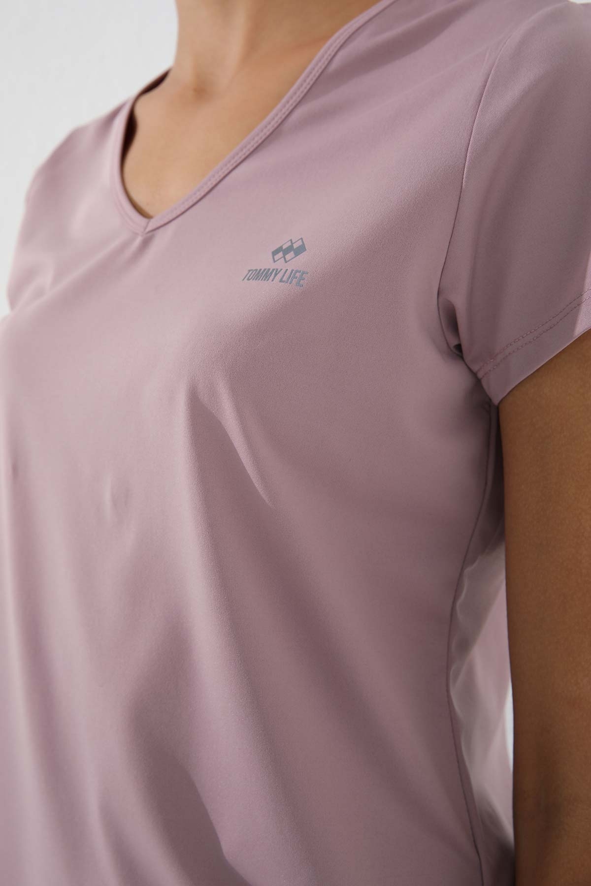 Gül Kurusu Basic Kısa Kol Standart Kalıp V Yaka Kadın T-Shirt - 97145