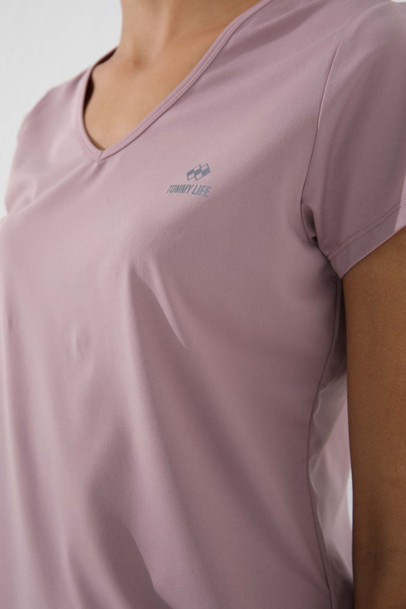 Gül Kurusu Basic Kısa Kol Standart Kalıp V Yaka Kadın T-Shirt - 97145 - Thumbnail