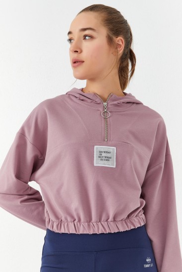 Gül Kurusu Beli Büzgülü Kapüşonlu Yarım Fermuarlı Rahat Form Kadın Crop Top Sweatshirt - 97155 - Thumbnail