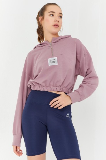 Gül Kurusu Beli Büzgülü Kapüşonlu Yarım Fermuarlı Rahat Form Kadın Crop Top Sweatshirt - 97155 - Thumbnail